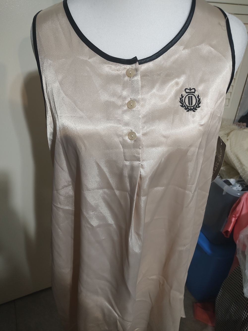 Jones New York Beige Satin Nightgown with Black Trim
